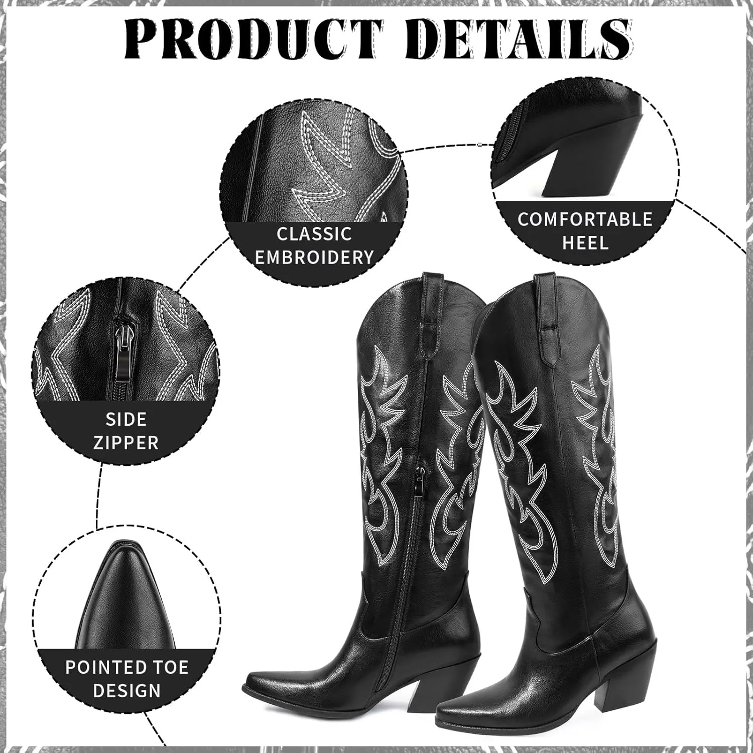 Women's Embroidered Wide Calf Western Cowgirl High Knee Boots Pull On Pointed Toe Cowboy Tall Boots for Ladies
