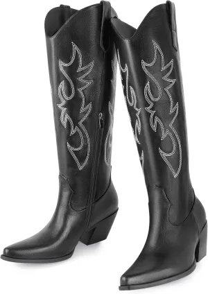 Women's Embroidered Wide Calf Western Cowgirl High Knee Boots Pull On Pointed Toe Cowboy Tall Boots for Ladies