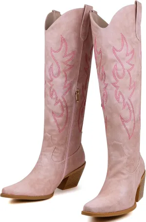 Women's Embroidered Wide Calf Western Cowgirl High Knee Boots Pull On Pointed Toe Cowboy Tall Boots for Ladies