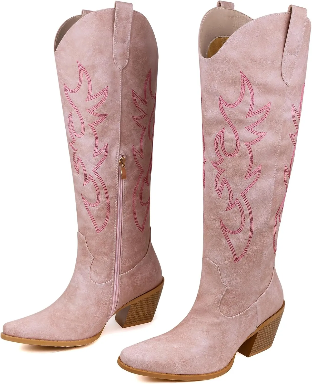 Women's Embroidered Wide Calf Western Cowgirl High Knee Boots Pull On Pointed Toe Cowboy Tall Boots for Ladies