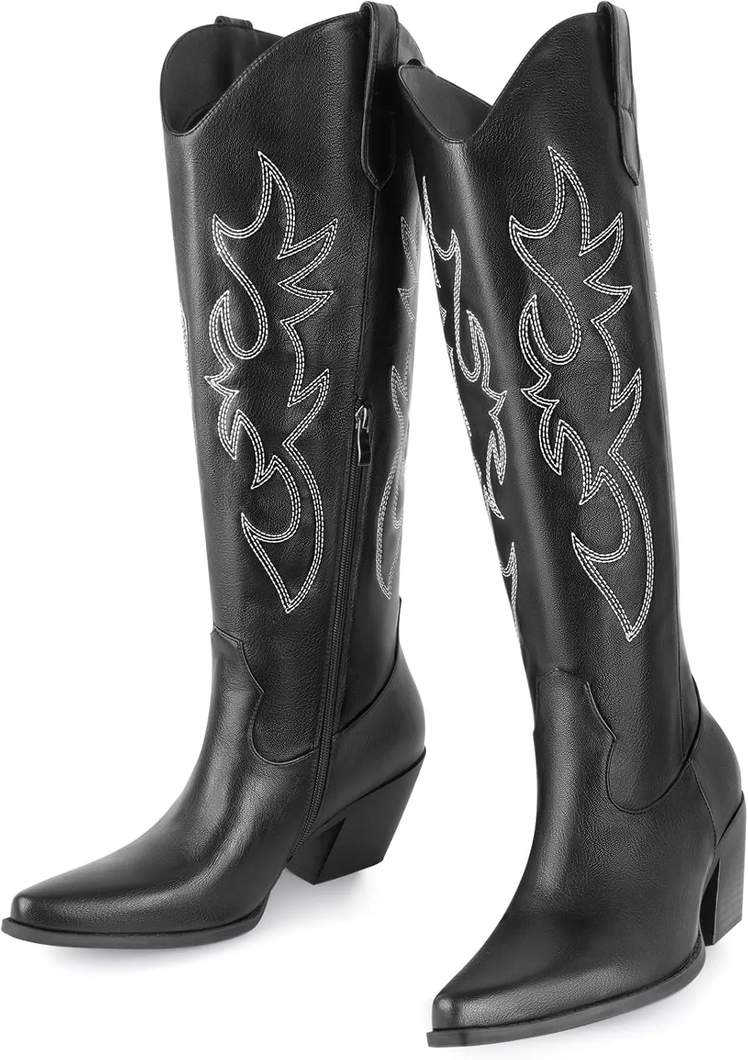 Women's Embroidered Wide Calf Western Cowgirl High Knee Boots Pull On Pointed Toe Cowboy Tall Boots for Ladies