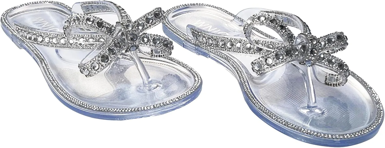 Womens Flat Sandals Jelly Flip Flops Crystals Rhinestones Bow Knot Glitter Sandals