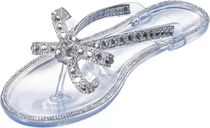 Womens Flat Sandals Jelly Flip Flops Crystals Rhinestones Bow Knot Glitter Sandals