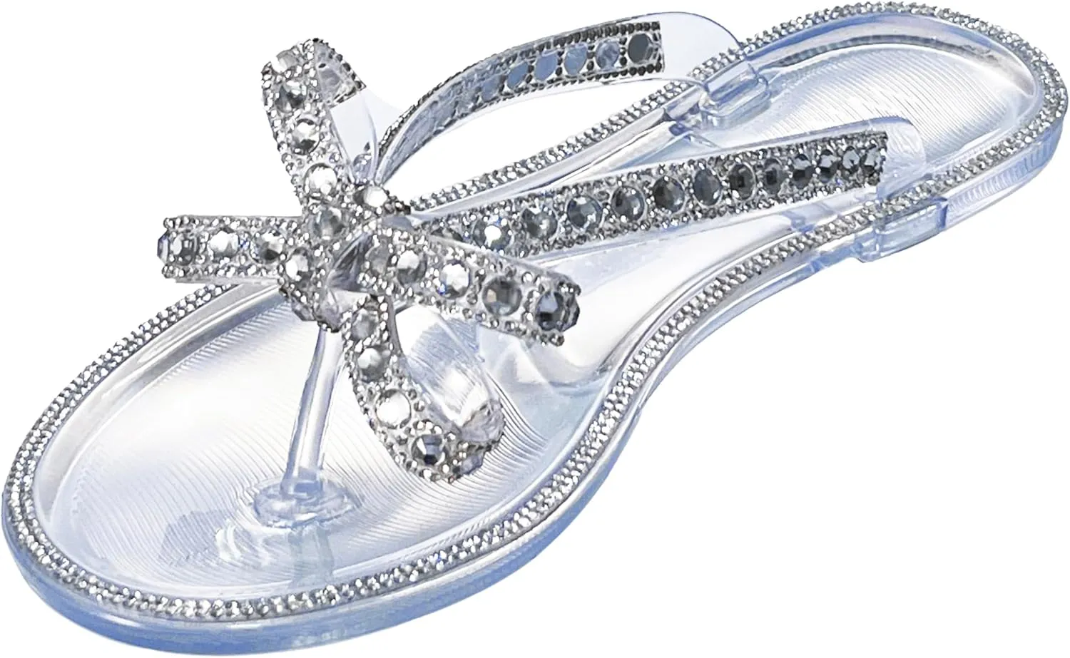 Womens Flat Sandals Jelly Flip Flops Crystals Rhinestones Bow Knot Glitter Sandals