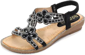 Women's Flat Sandals Summer Beach Sandal T-Strap Rhinestone Beaded Bohemia Shoes