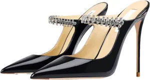 Women's Genuine Leather Summer Heeled Sandals, Luxury Crystal Strap High Heels