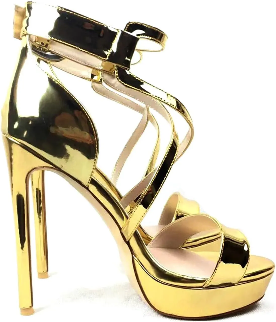 Women's Gold & Beige Platform Sandals, Cross Strap Wedding Party Heels