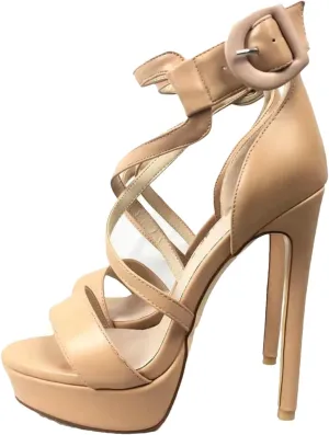 Women's Gold & Beige Platform Sandals, Cross Strap Wedding Party Heels