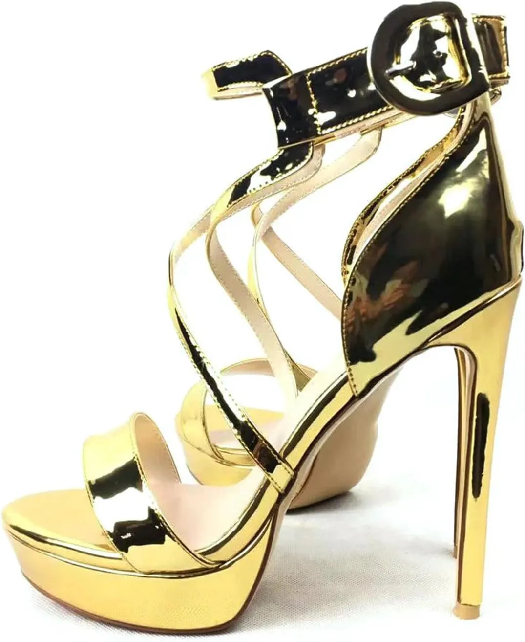 Women's Gold & Beige Platform Sandals, Cross Strap Wedding Party Heels