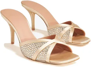Women's High Heel Sandals Mesh Peep Square Toe Stiletto Mules Party Wedding Dress Crystal High Heels For Ladies