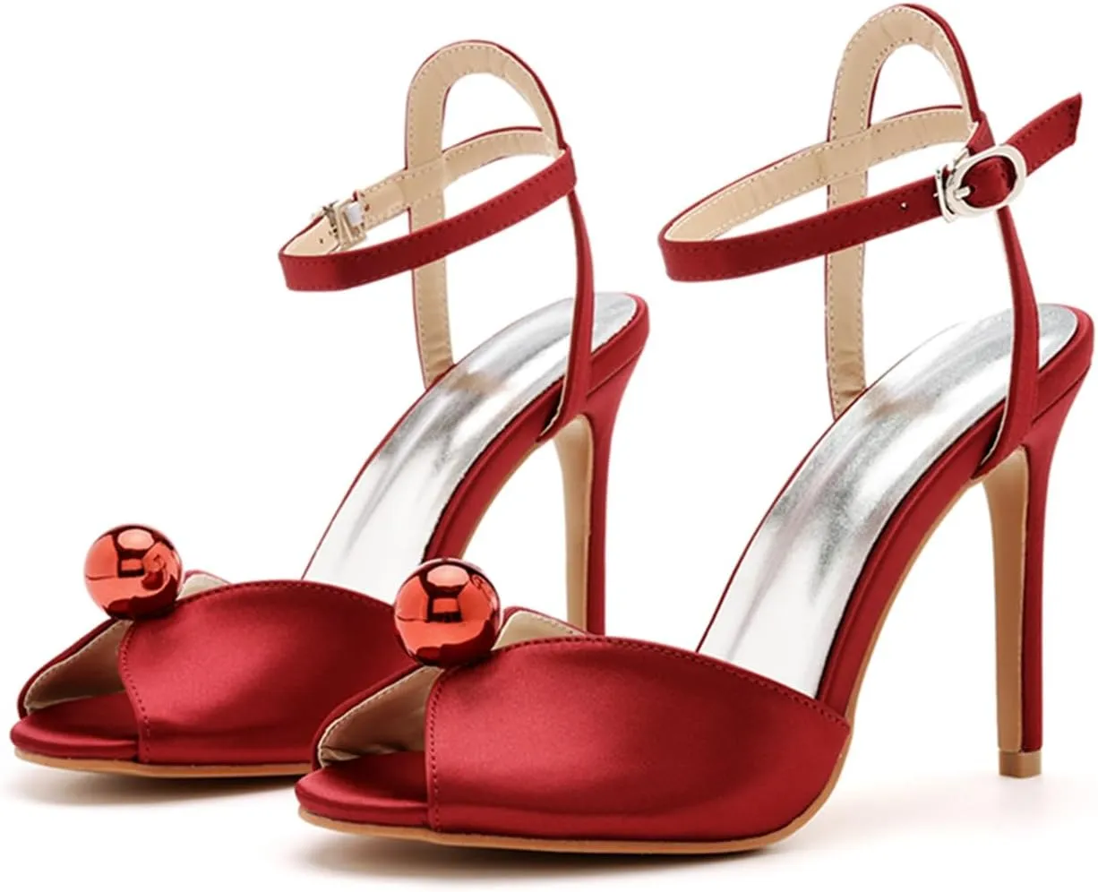 Women's High Heel Sandals Satin Ankle Strap Evening Wedding Bridal Stiletto Heels Peep Toe Sandals