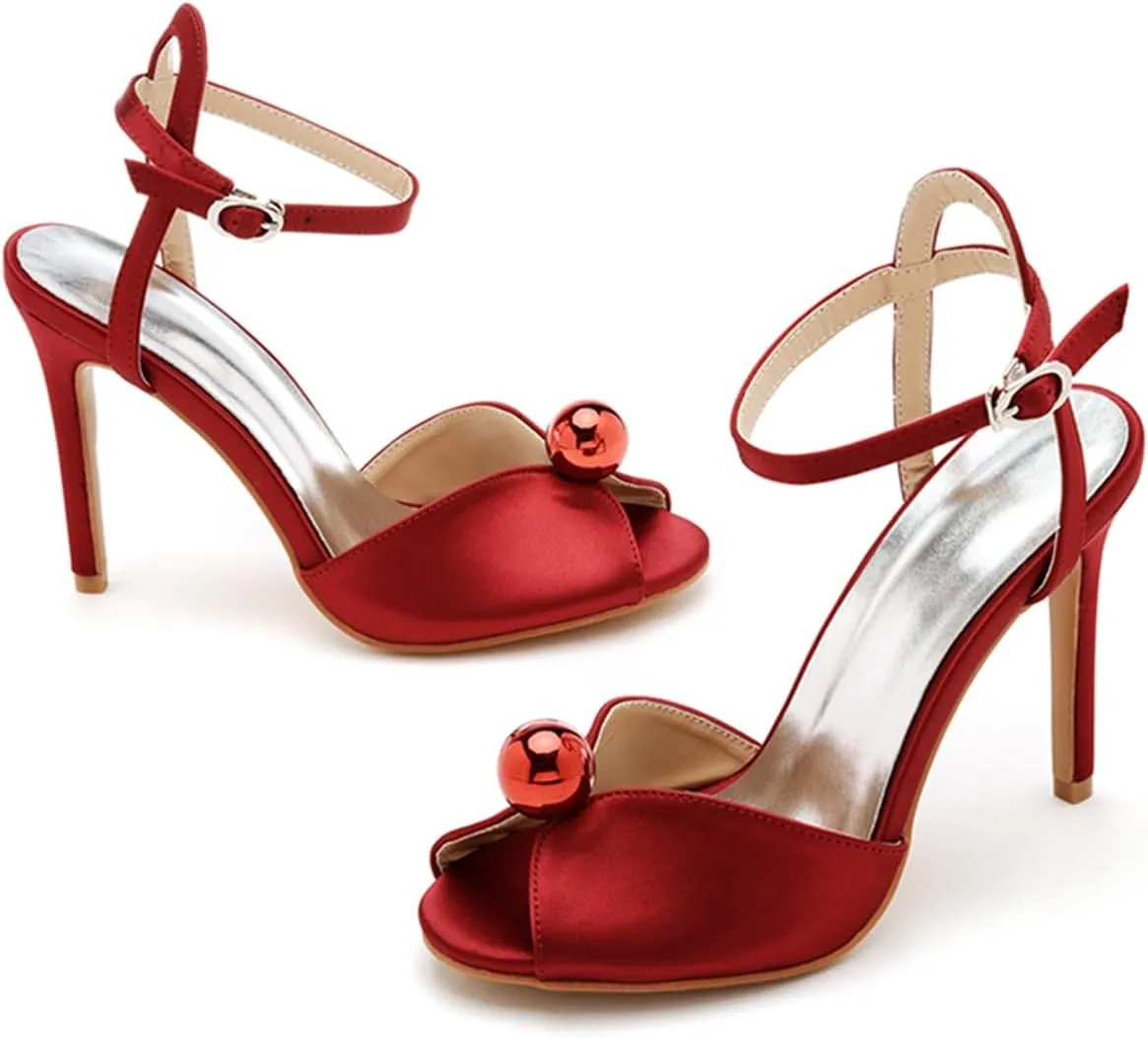 Women's High Heel Sandals Satin Ankle Strap Evening Wedding Bridal Stiletto Heels Peep Toe Sandals