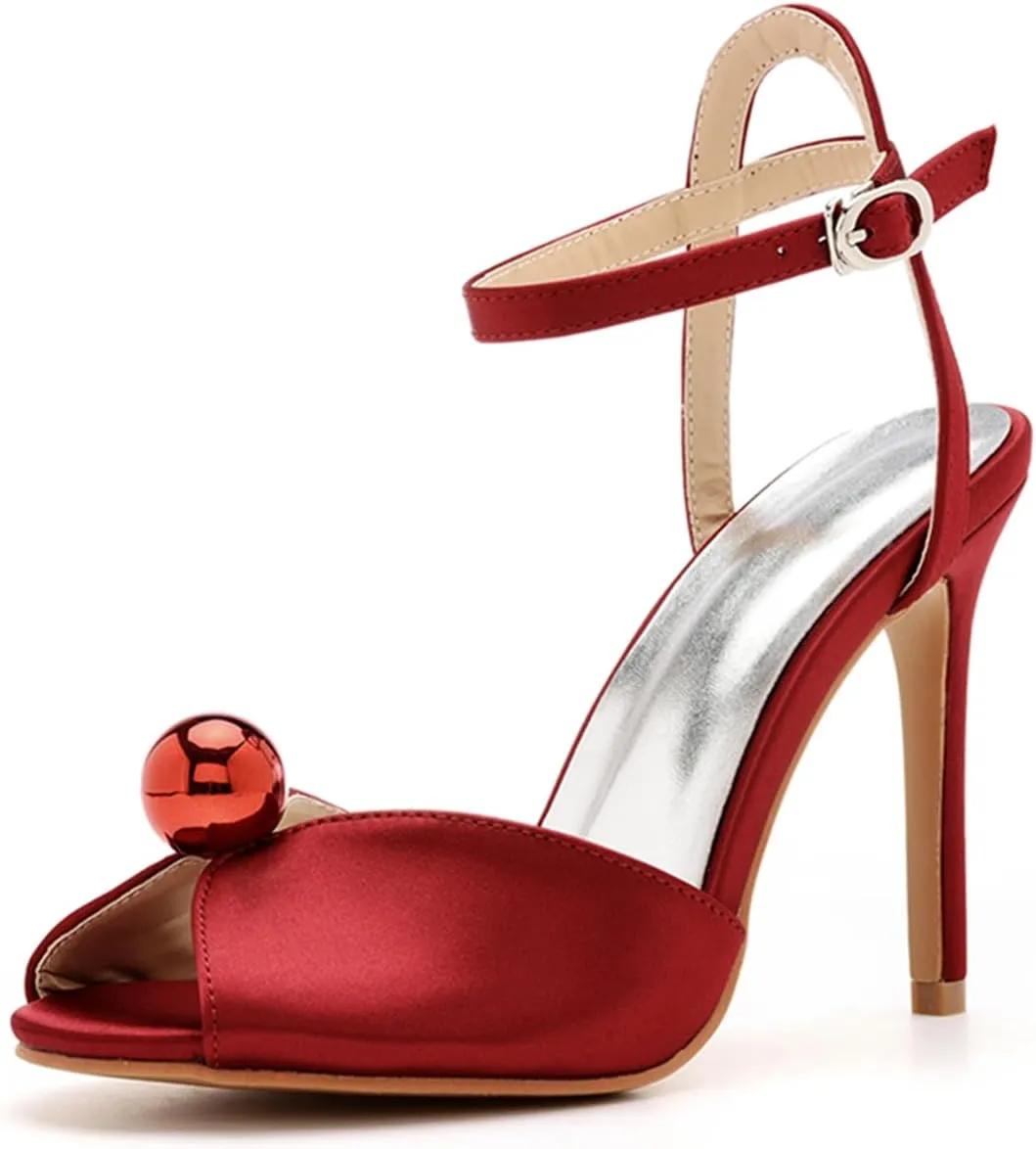 Women's High Heel Sandals Satin Ankle Strap Evening Wedding Bridal Stiletto Heels Peep Toe Sandals