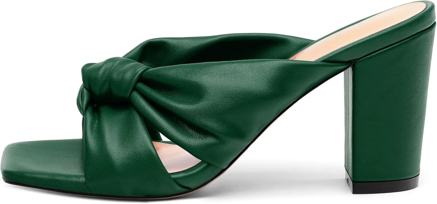 Women's High Heeled Square Toe Slip On Sandals, Puffy Knot Chunky Heel Open Toe Sandals for women, Summer Party Prom Shoes