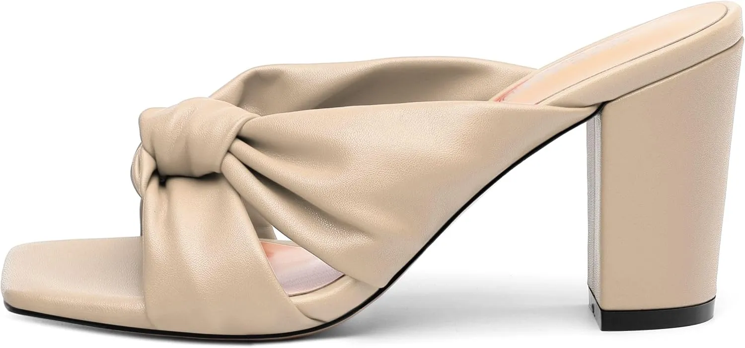 Women's High Heeled Square Toe Slip On Sandals, Puffy Knot Chunky Heel Open Toe Sandals for women, Summer Party Prom Shoes