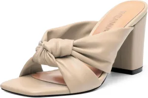 Women's High Heeled Square Toe Slip On Sandals, Puffy Knot Chunky Heel Open Toe Sandals for women, Summer Party Prom Shoes