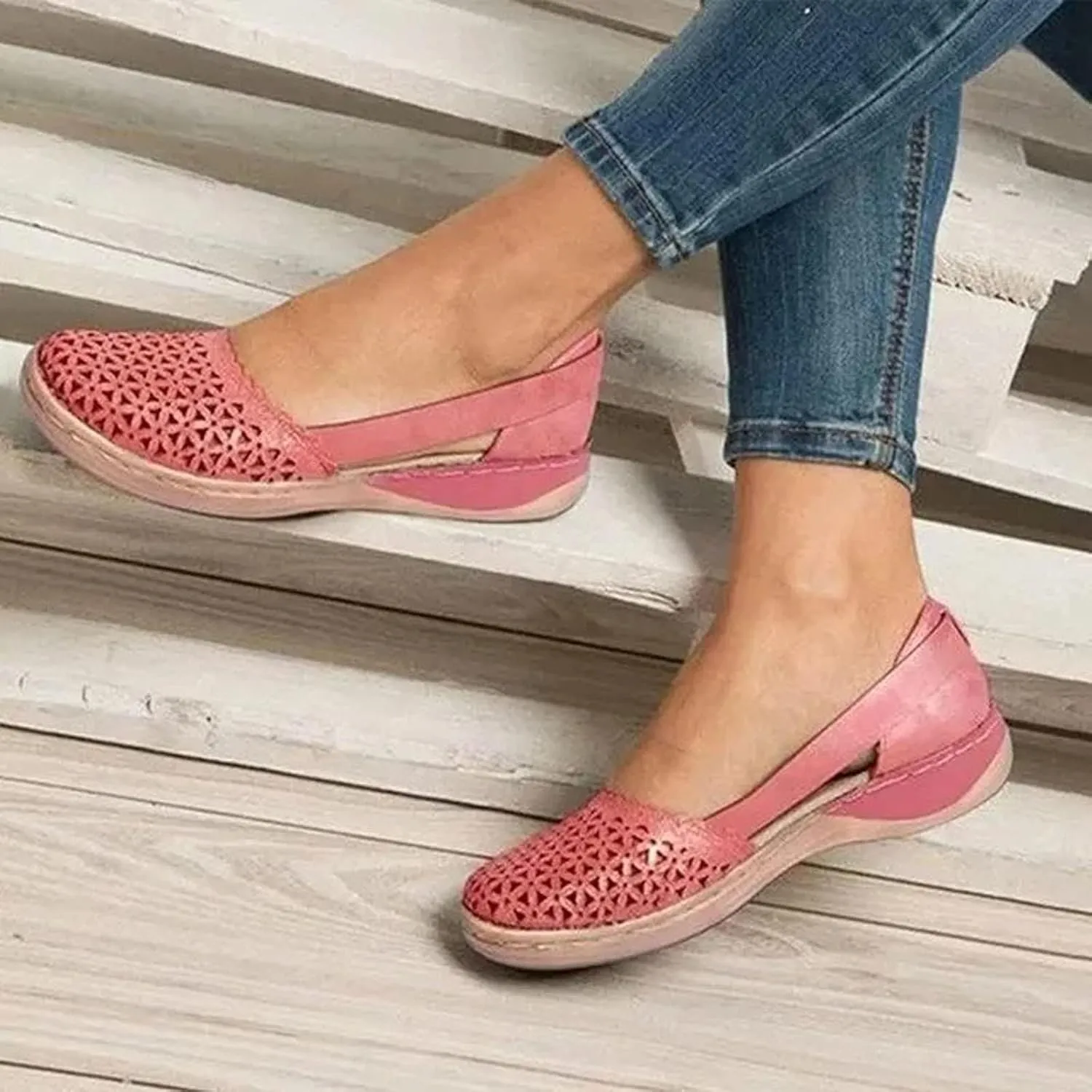 Womens Hollow Ballet Flats Casual Round Toe Low Heels Comfortable Vintage Leather Dress Shoes Walking Shoes Mary Janes