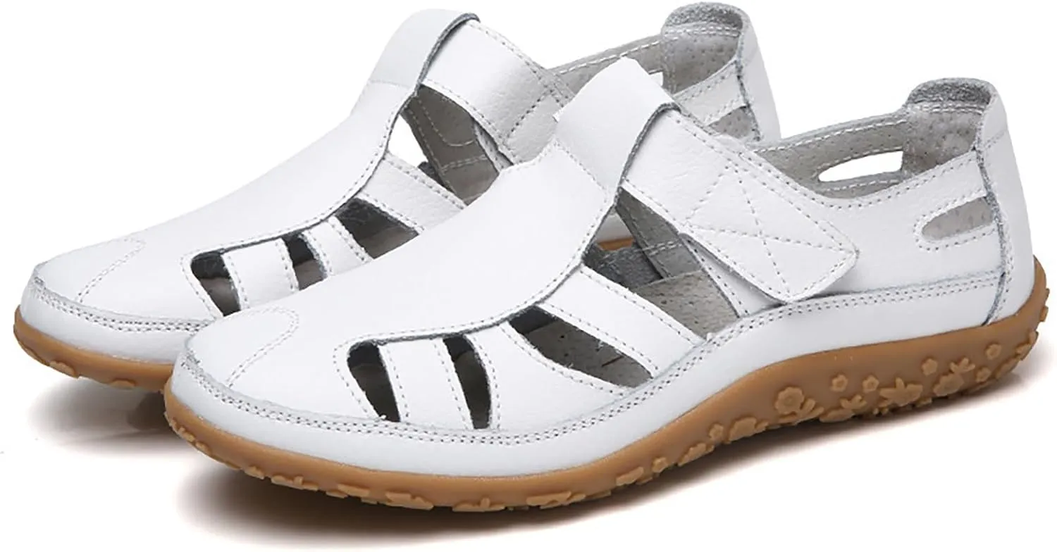 Women's Hollow Casual Shoes Leather Soft Bottom Sandals Comfortable Lightweight Non Slip Breathable Orthopedic Beach Shoes Closed Toe Summer Sneakers