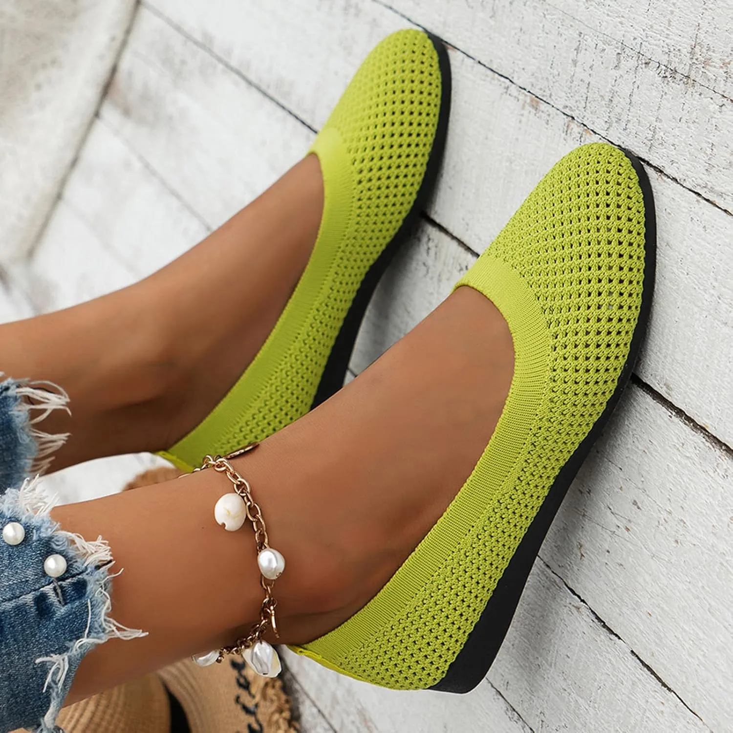 Women's Knit Ballet Flats Stretch Ballerina Shoes All-Season Transitional Footwear Round Toe Slip On Ballerina Walking Flats