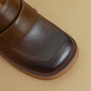 Women's Leather Chunky High Heels Penny Loafers Mid Stacked Heel Square Closed Toe Slip On Dress Uniform Oxfords Vintage Classic Comfortable Work Office Pumps Elegant Party Dress Shoes