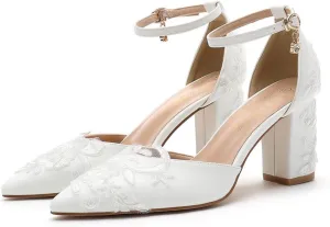 Womens LOW Wedding HEEL Sandals Ankle Strap Pointed Toe Sandals Mesh Wedding Party Embroidery Shoes