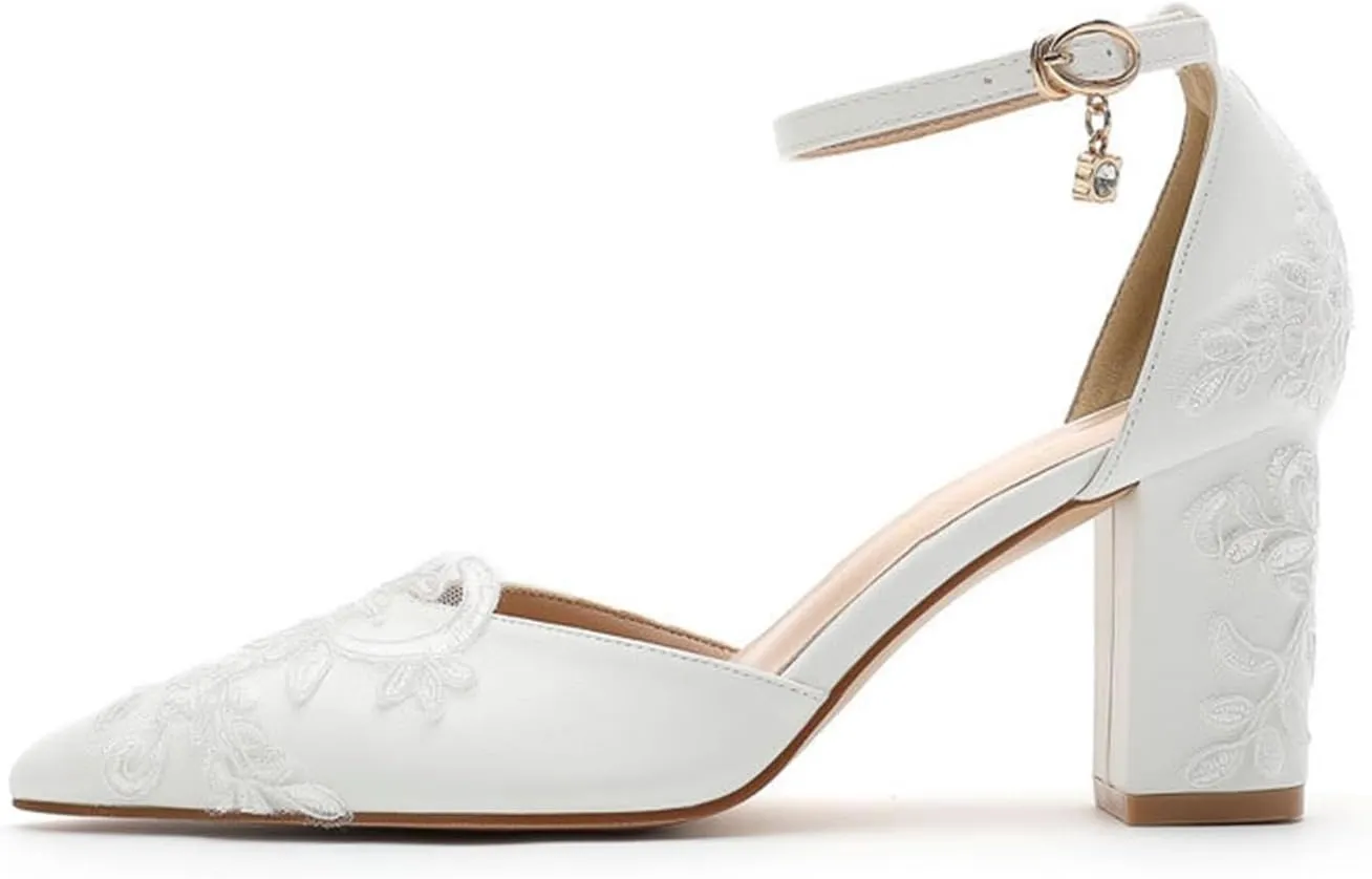 Womens LOW Wedding HEEL Sandals Ankle Strap Pointed Toe Sandals Mesh Wedding Party Embroidery Shoes