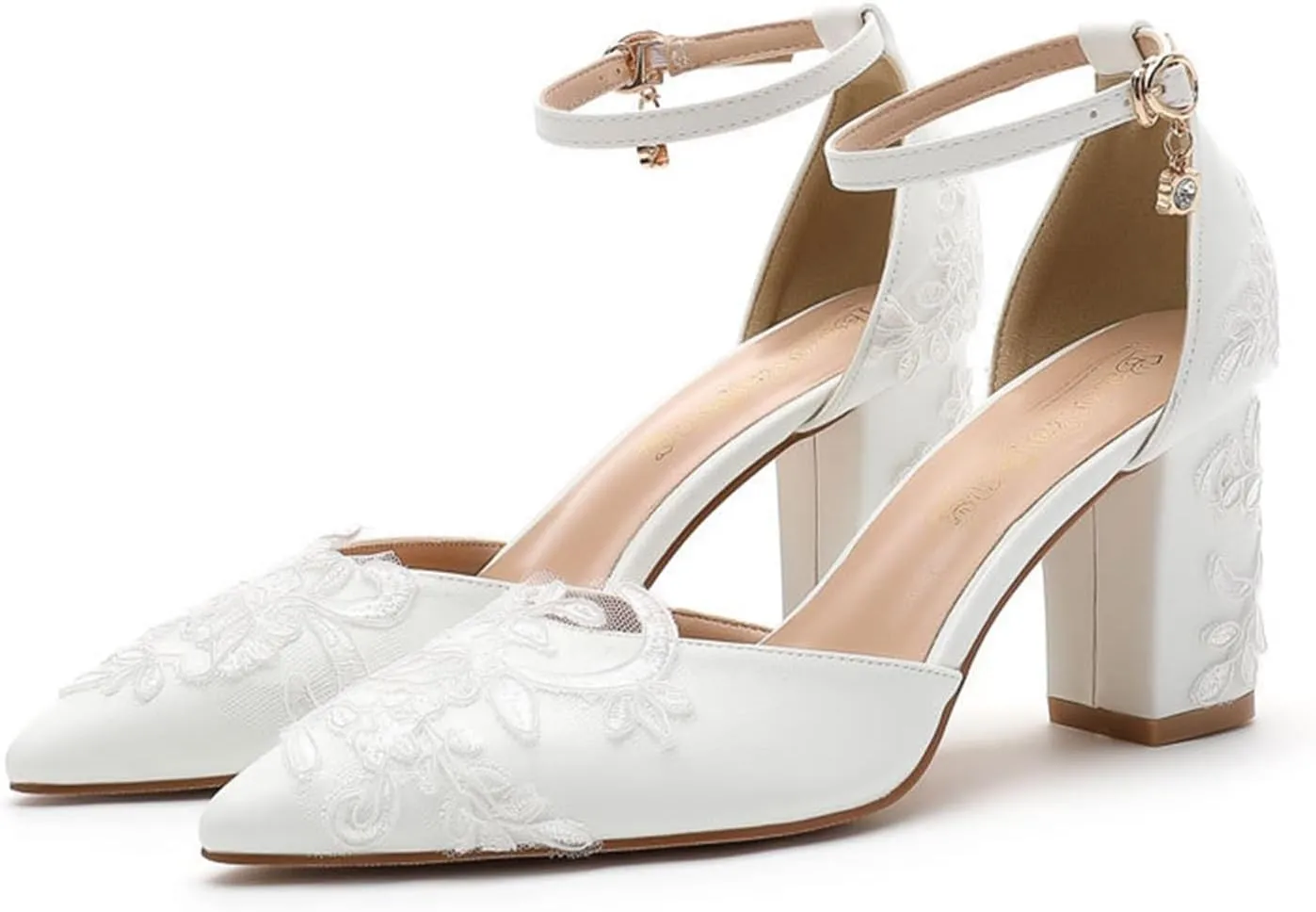 Womens LOW Wedding HEEL Sandals Ankle Strap Pointed Toe Sandals Mesh Wedding Party Embroidery Shoes