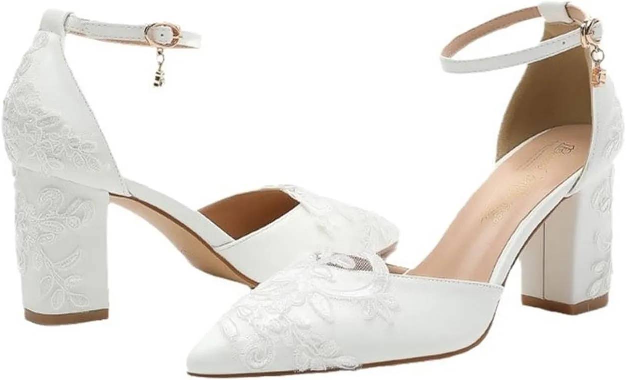 Womens LOW Wedding HEEL Sandals Ankle Strap Pointed Toe Sandals Mesh Wedding Party Embroidery Shoes