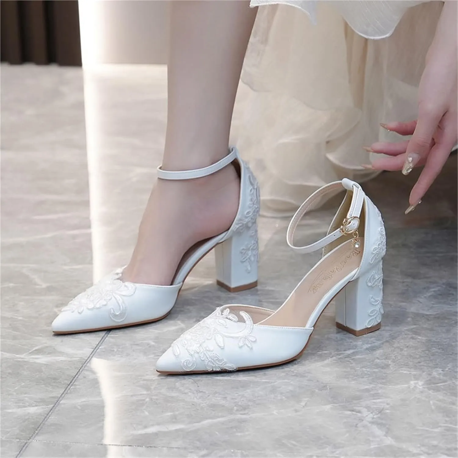 Womens LOW Wedding HEEL Sandals Ankle Strap Pointed Toe Sandals Mesh Wedding Party Embroidery Shoes