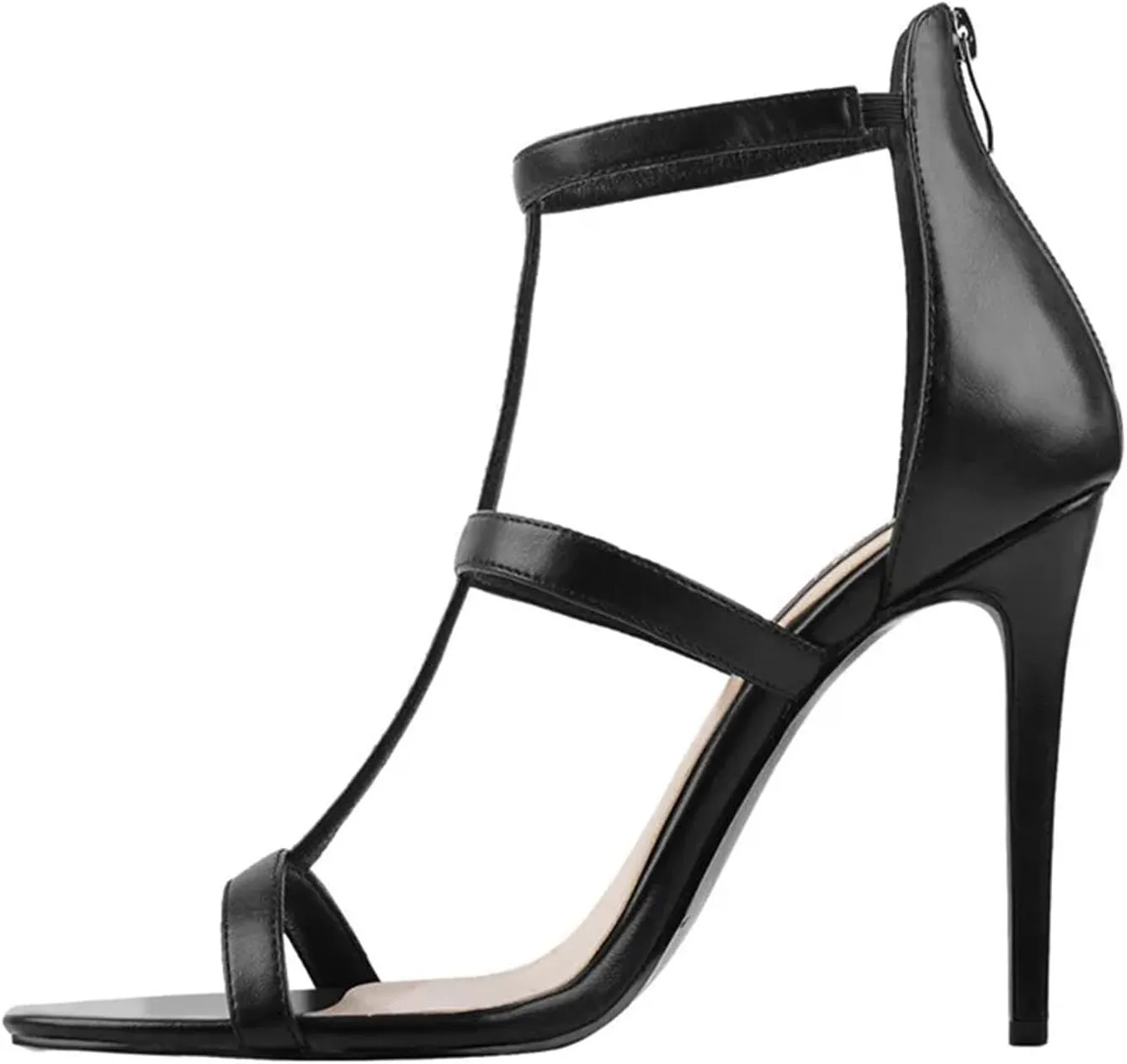 Women's Matte Black Stiletto Sandals, Triple Strap Back Zipper Slim Heels