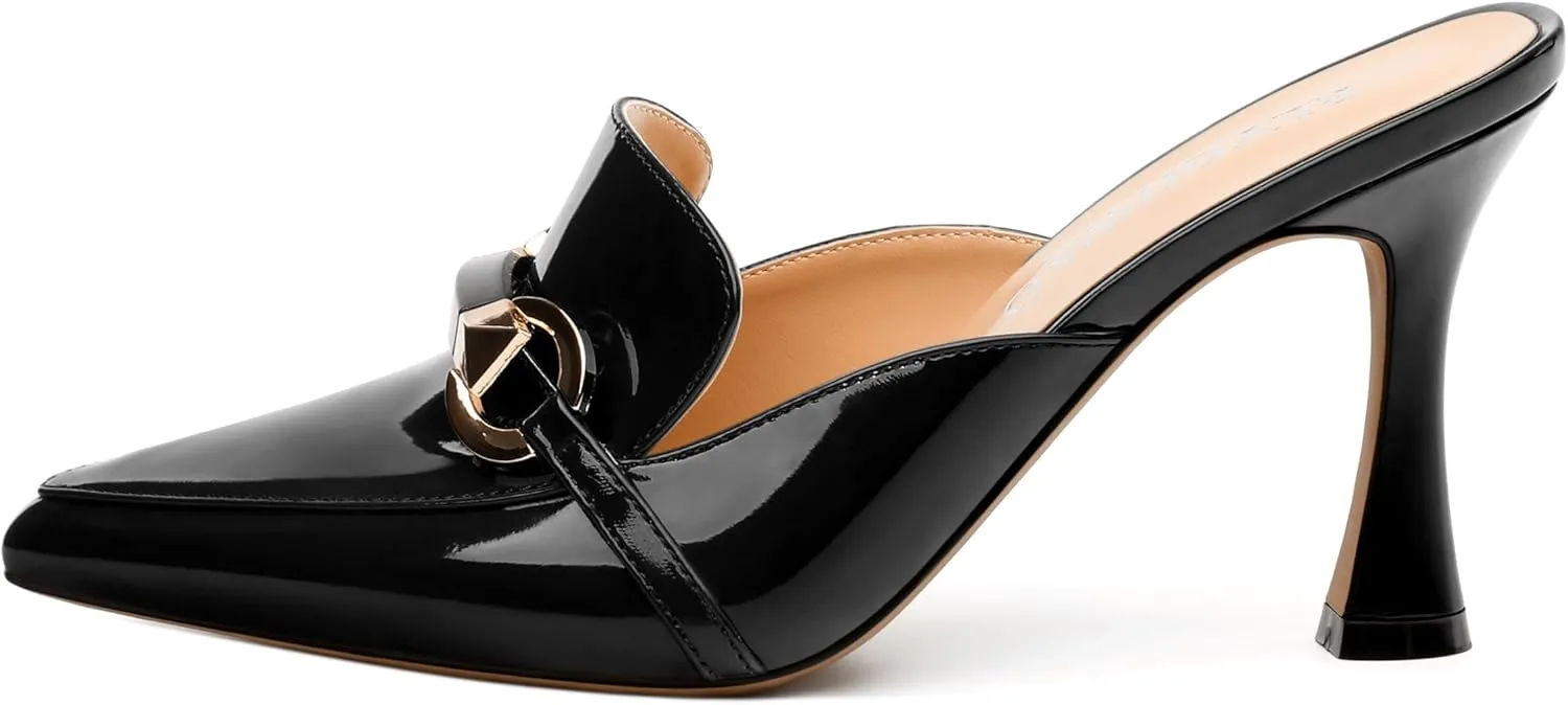 Women's Mules with Heels, Pointed Closed Toe Stiletto Heels, Slip On Fashion Solid Patent Slide Sandal for Women