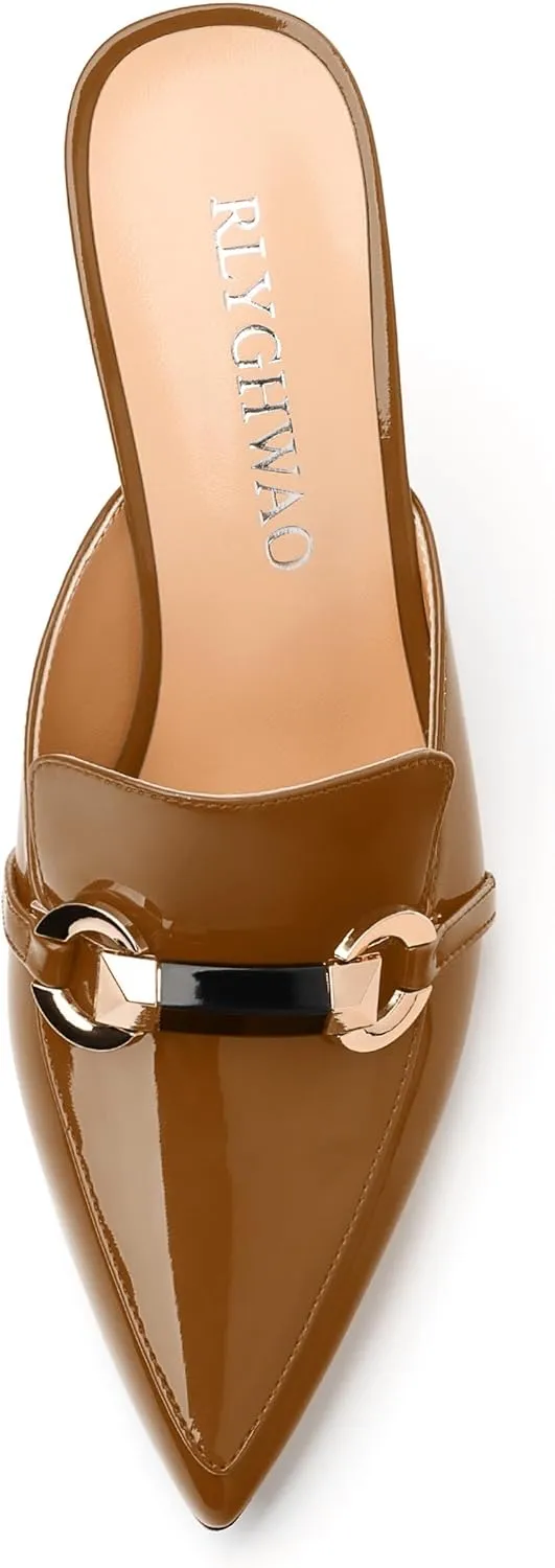 Women's Mules with Heels, Pointed Closed Toe Stiletto Heels, Slip On Fashion Solid Patent Slide Sandal for Women