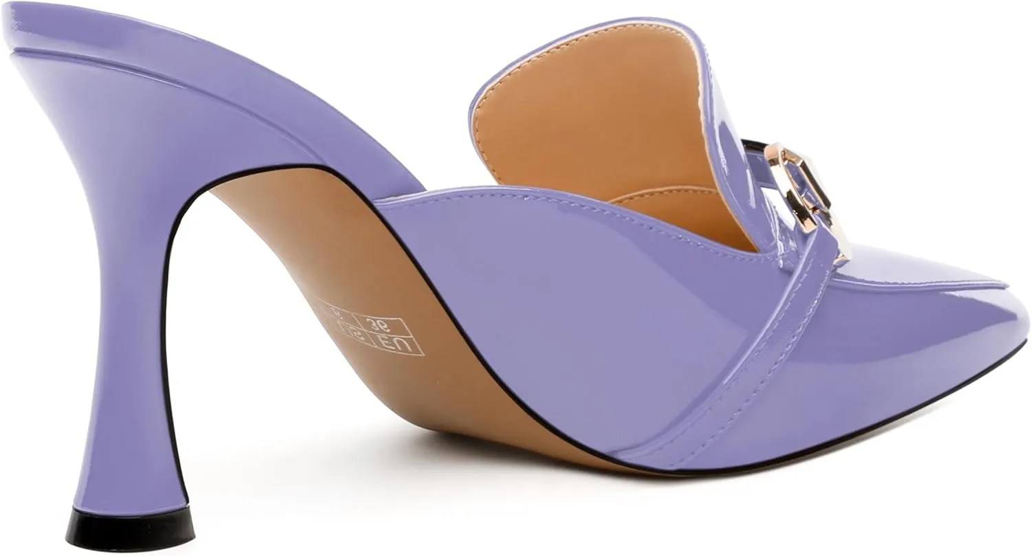 Women's Mules with Heels, Pointed Closed Toe Stiletto Heels, Slip On Fashion Solid Patent Slide Sandal for Women