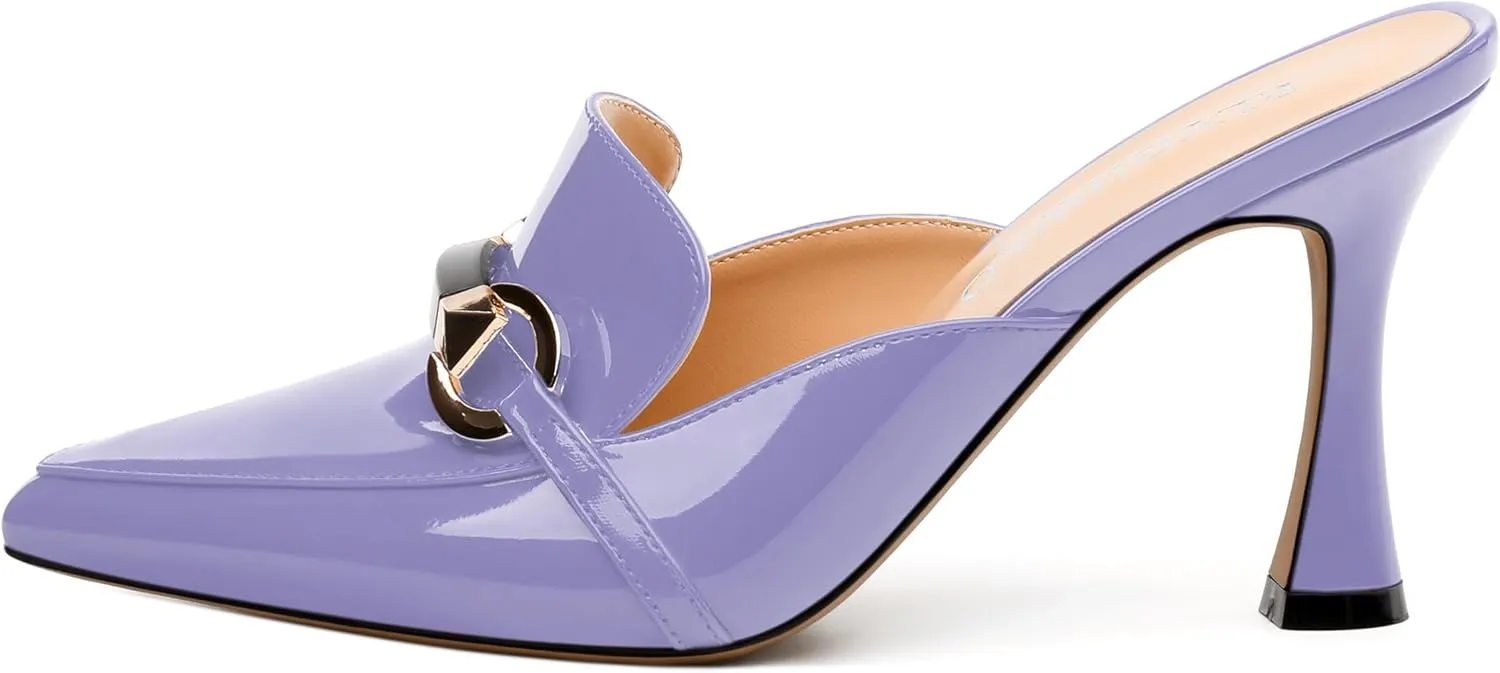 Women's Mules with Heels, Pointed Closed Toe Stiletto Heels, Slip On Fashion Solid Patent Slide Sandal for Women