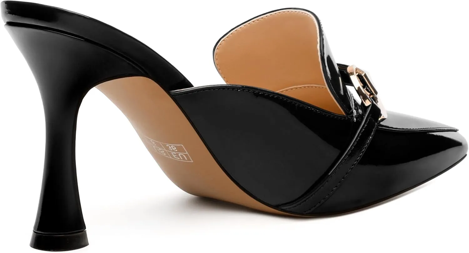 Women's Mules with Heels, Pointed Closed Toe Stiletto Heels, Slip On Fashion Solid Patent Slide Sandal for Women