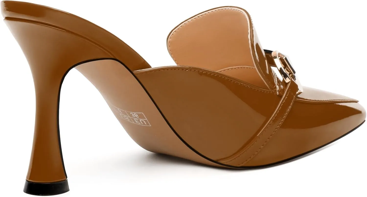 Women's Mules with Heels, Pointed Closed Toe Stiletto Heels, Slip On Fashion Solid Patent Slide Sandal for Women