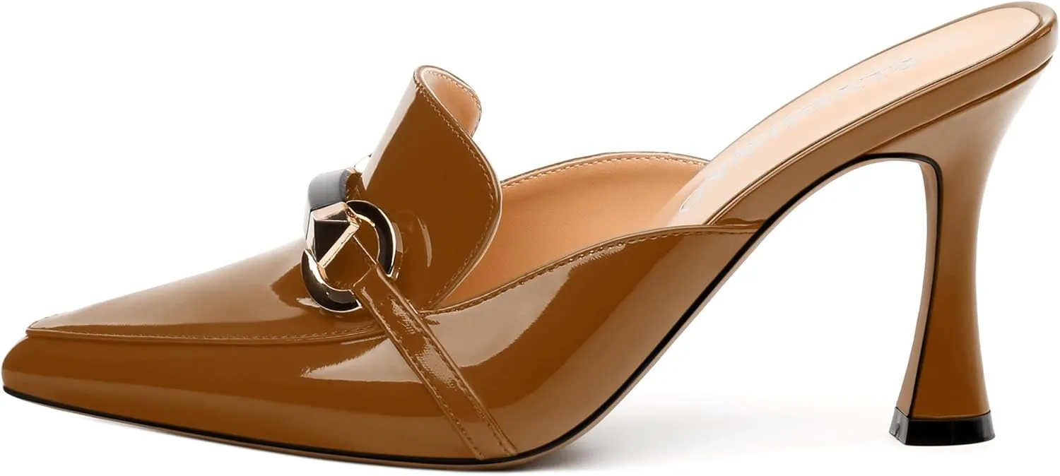 Women's Mules with Heels, Pointed Closed Toe Stiletto Heels, Slip On Fashion Solid Patent Slide Sandal for Women