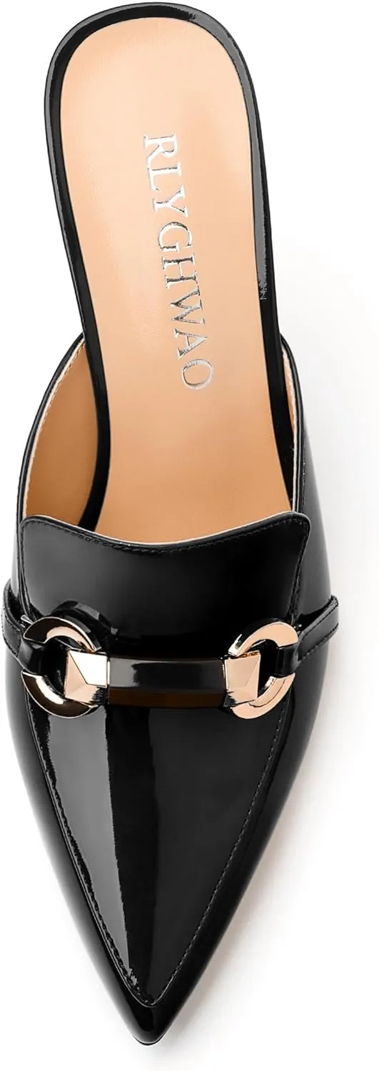 Women's Mules with Heels, Pointed Closed Toe Stiletto Heels, Slip On Fashion Solid Patent Slide Sandal for Women