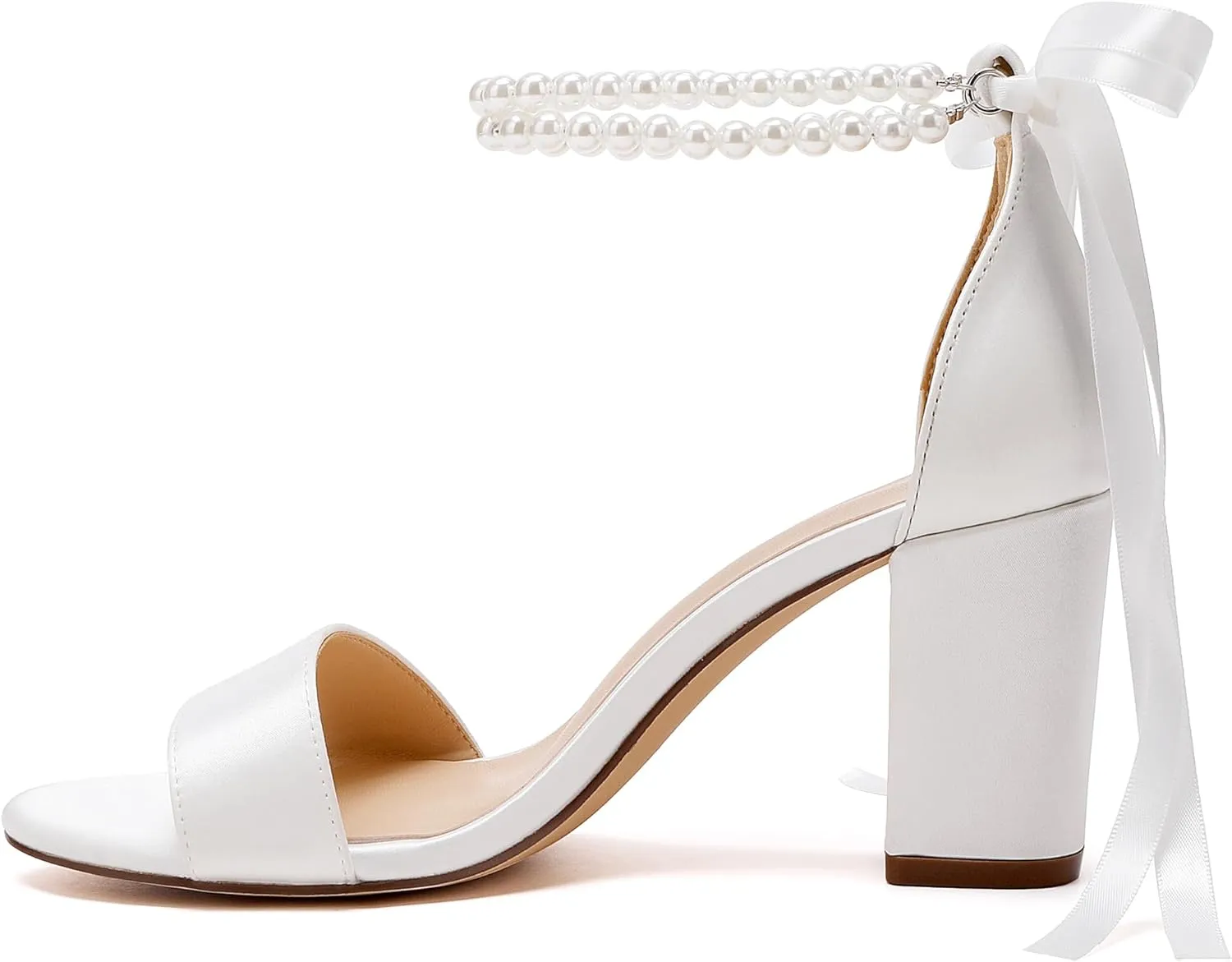 Women's Open Toe Pearl Wedding Shoes for Bride High Heels Sandals Satin Bridal Block Chunky Heels Ankle Strap Prom Evening Party Pumps