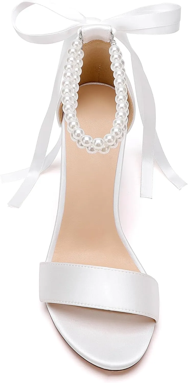 Women's Open Toe Pearl Wedding Shoes for Bride High Heels Sandals Satin Bridal Block Chunky Heels Ankle Strap Prom Evening Party Pumps
