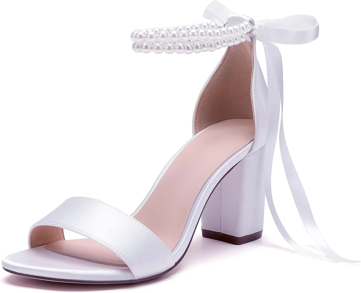 Women's Open Toe Pearl Wedding Shoes for Bride High Heels Sandals Satin Bridal Block Chunky Heels Ankle Strap Prom Evening Party Pumps