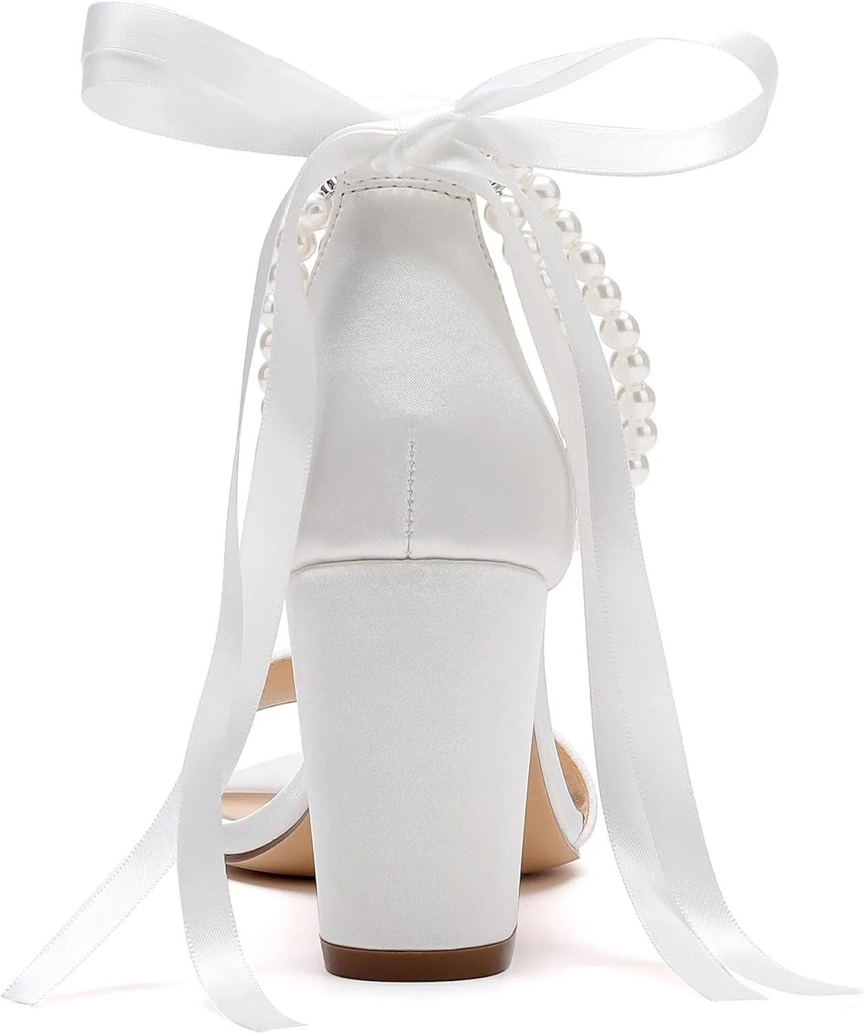 Women's Open Toe Pearl Wedding Shoes for Bride High Heels Sandals Satin Bridal Block Chunky Heels Ankle Strap Prom Evening Party Pumps