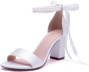 Women's Open Toe Pearl Wedding Shoes for Bride High Heels Sandals Satin Bridal Block Chunky Heels Ankle Strap Prom Evening Party Pumps