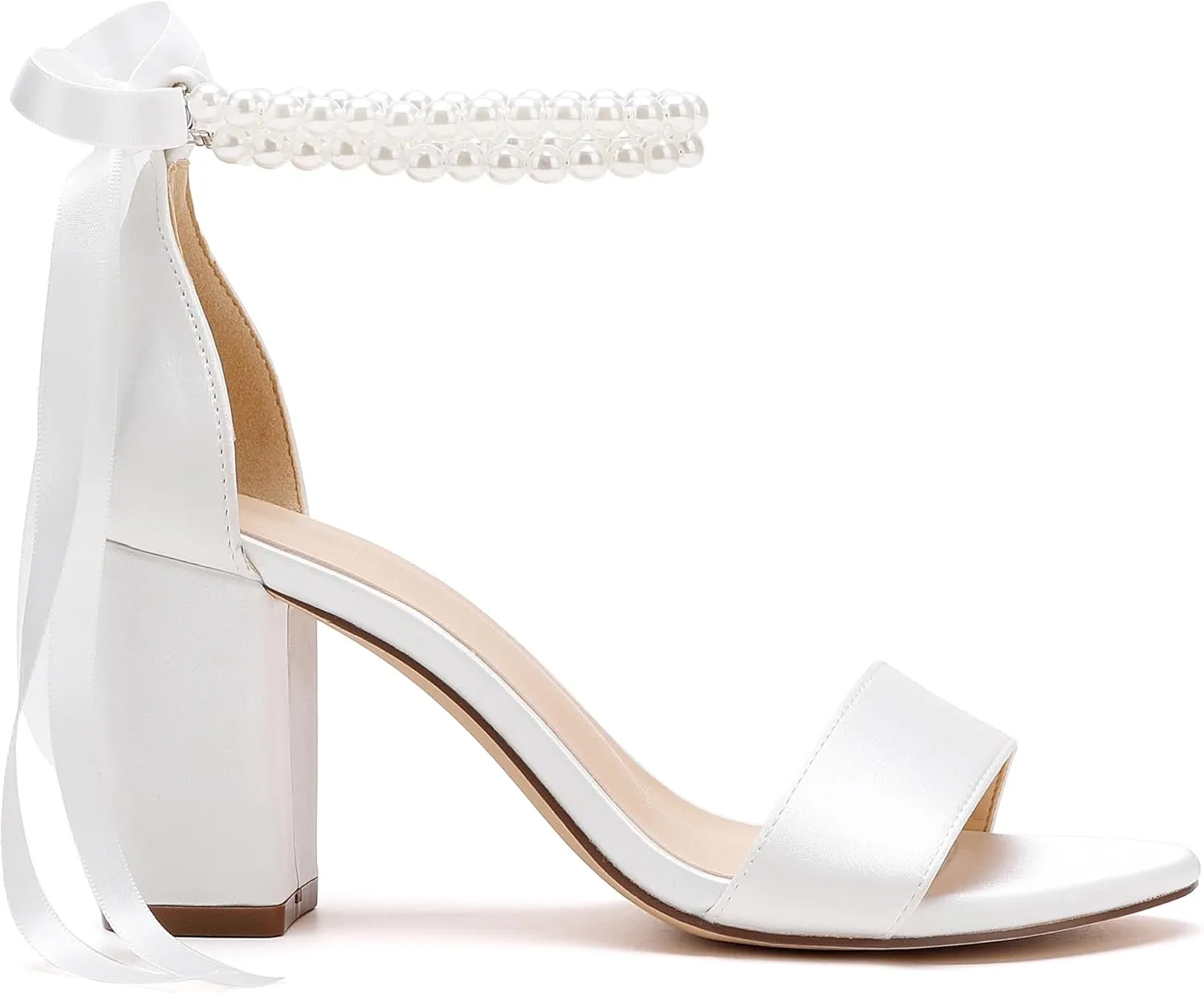 Women's Open Toe Pearl Wedding Shoes for Bride High Heels Sandals Satin Bridal Block Chunky Heels Ankle Strap Prom Evening Party Pumps