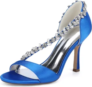 Women's Open Toe Wedding Dress Shoes Satin Pointed Toe Pearl Rhinestones S Strap Slip-On High Heels Sandals