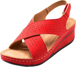 Womens Platform Casual Summer Sandal Open Toe Ankle Strap Wedge Heels Sandals with Arch Support Hollow Comfortable Trendy Shoes