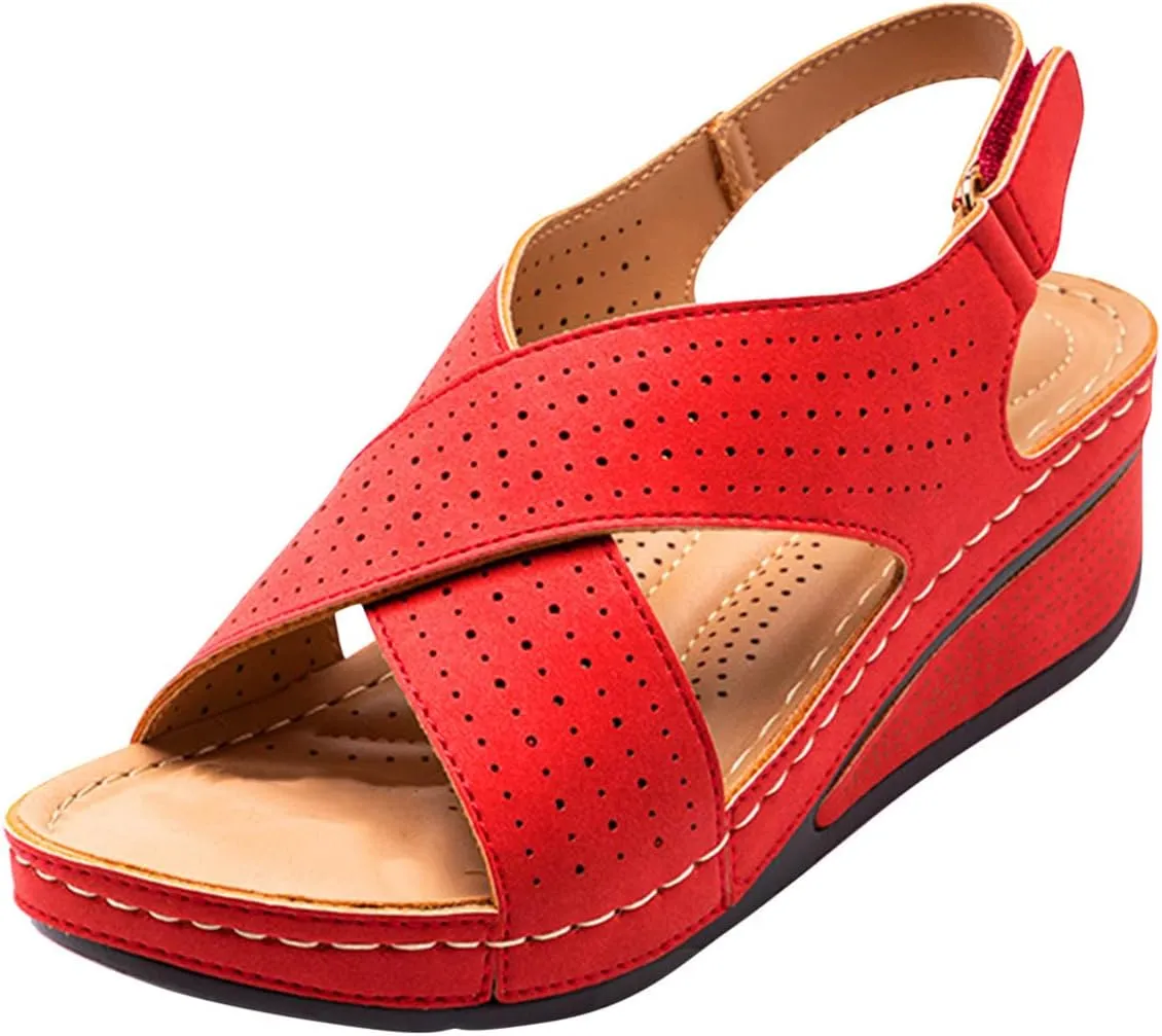 Womens Platform Casual Summer Sandal Open Toe Ankle Strap Wedge Heels Sandals with Arch Support Hollow Comfortable Trendy Shoes