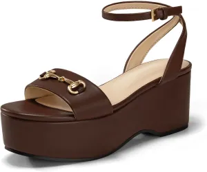 Womens Platform Sandals Chunky Wedges Heels Open Toe Ankle Strap Summer Dress Shoes with Metal Buckle