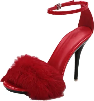 Women's Plush Ankle Strap Sandals, Soft Stiletto Party Heels