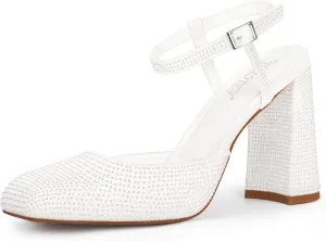 Women's Rhinestone Closed Square Toe Chunky High Heel Sandals Ankle Strap Buckle Slingback Party Dress Pumps Shoes